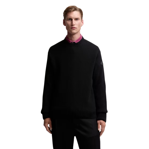 Pull col rond MONCLER laine cachemire noir logo cuir ton sur ton