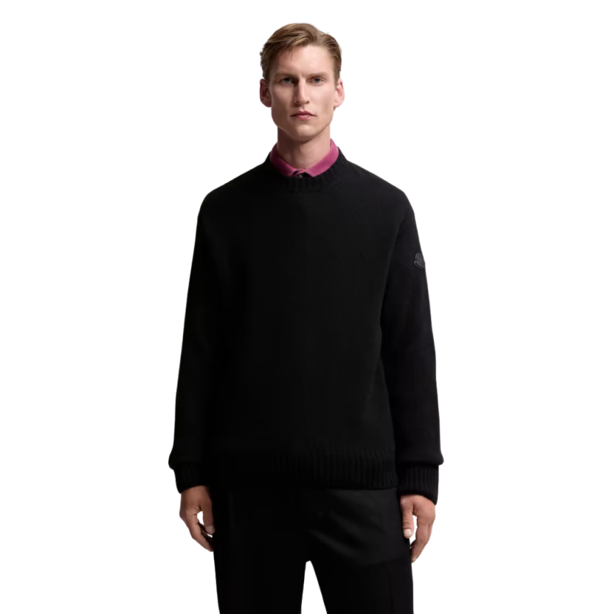 Pull col rond MONCLER laine cachemire noir logo cuir ton sur ton