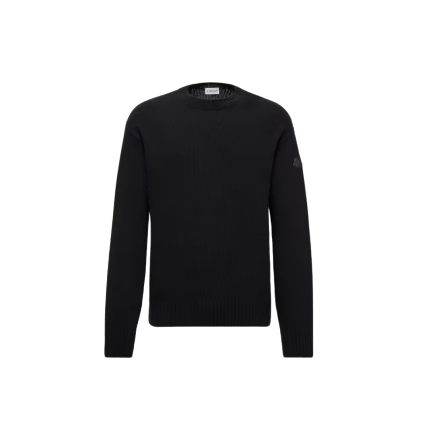 Pull col rond MONCLER laine cachemire noir logo cuir ton sur ton