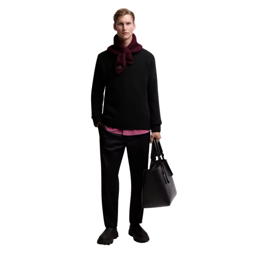 Pull col rond MONCLER laine cachemire noir logo cuir ton sur ton