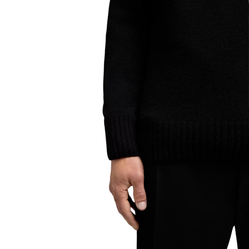 Pull col rond MONCLER laine cachemire noir logo cuir ton sur ton