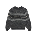 Pull col rond laine jacquard gris noir strass