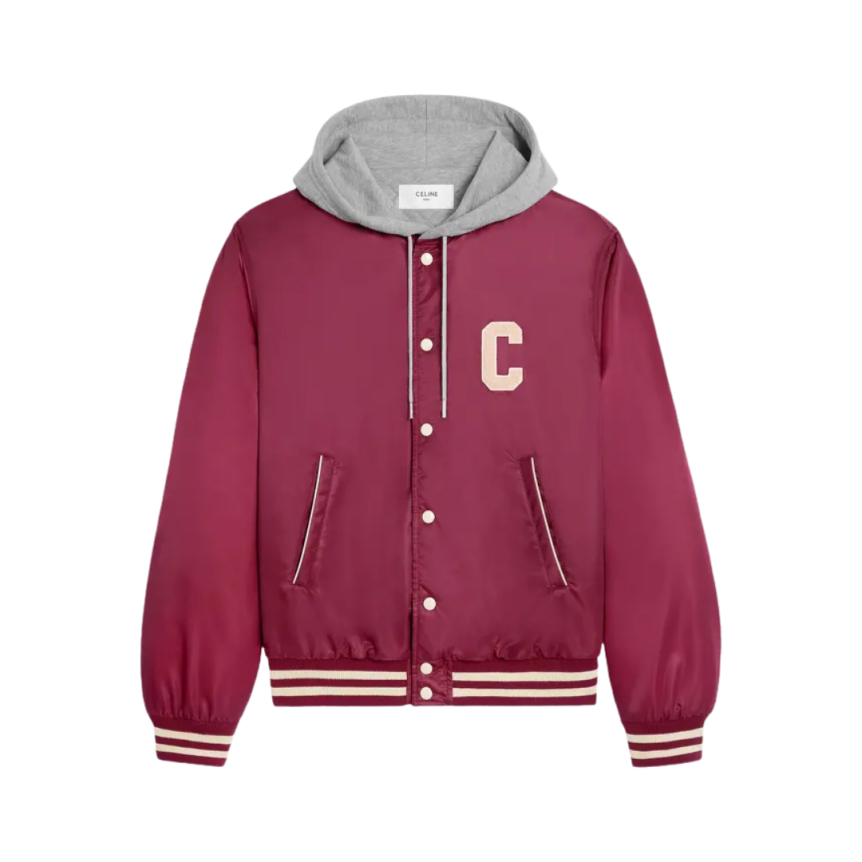 CELINE Blouson Teddy à capuche coton gris oversize nylon bordeaux logo dos
