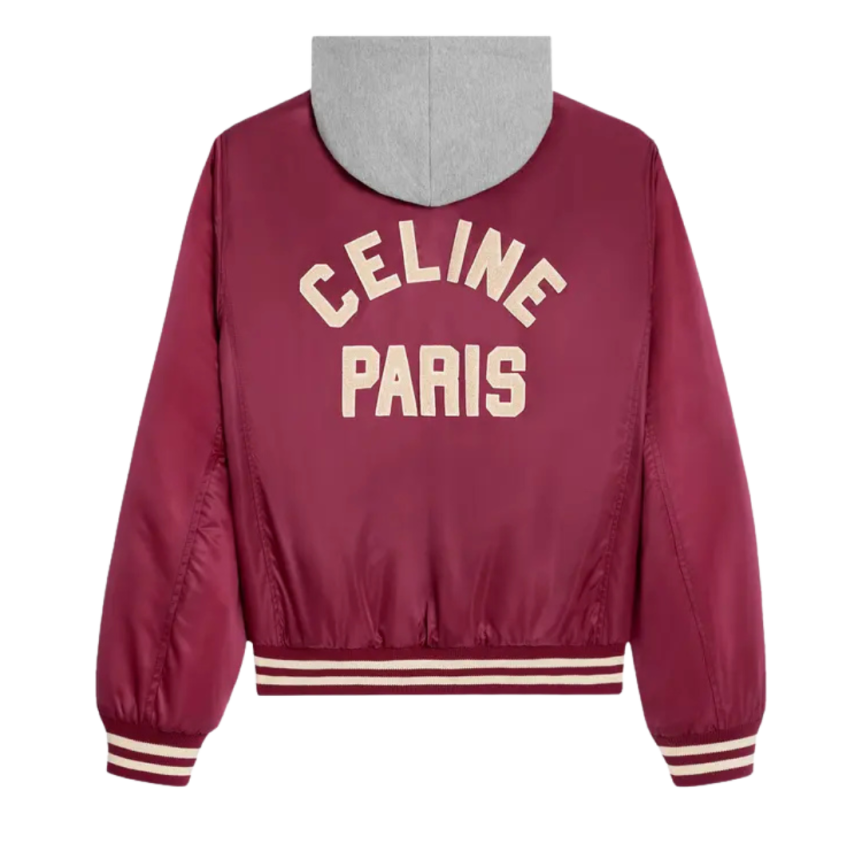 CELINE Blouson Teddy à capuche coton gris oversize nylon bordeaux logo dos