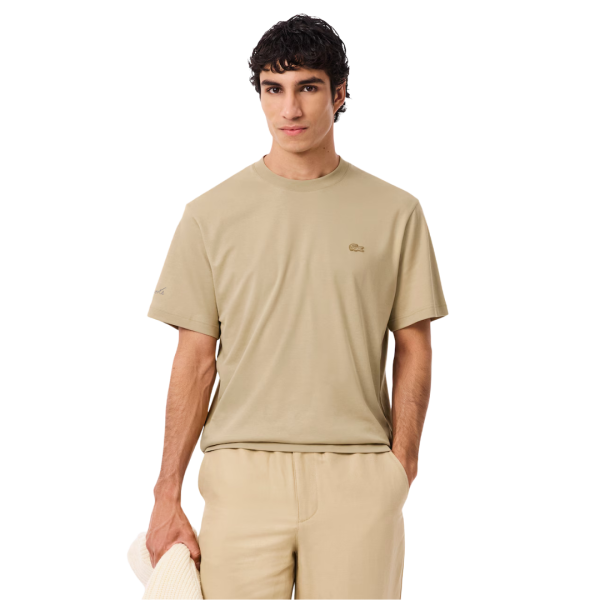 T-shirt coton beige broderie signature R. Lacoste crocodile ton sur ton