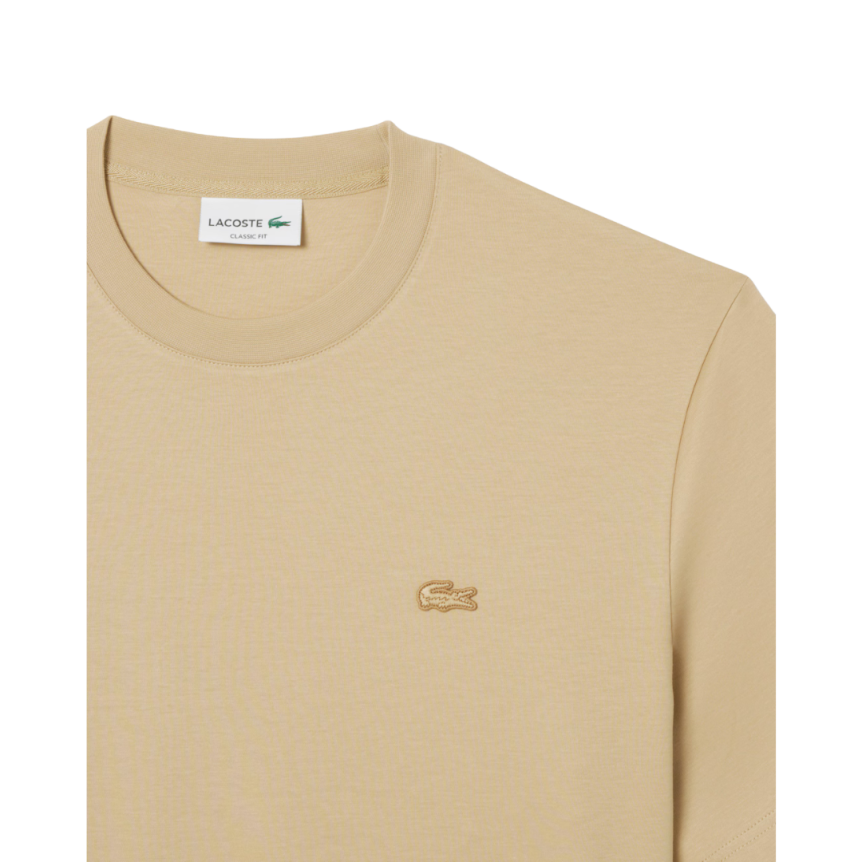 T-shirt coton beige broderie signature R. Lacoste crocodile ton sur ton