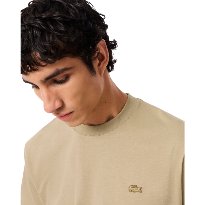 T-shirt coton beige broderie signature R. Lacoste crocodile ton sur ton