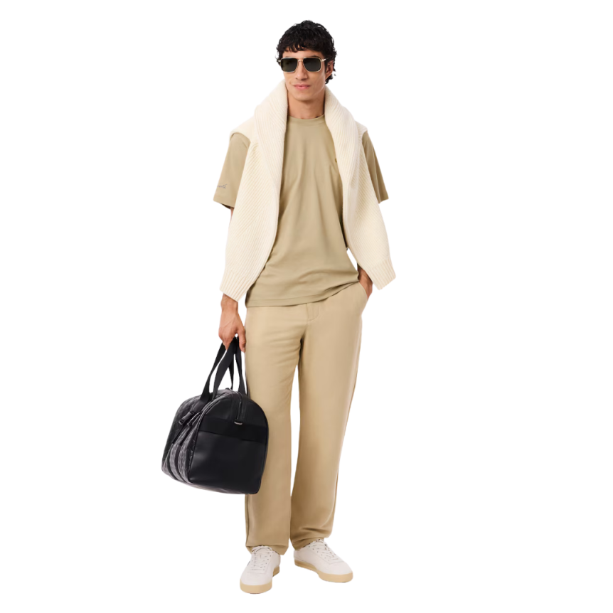 T-shirt coton beige broderie signature R. Lacoste crocodile ton sur ton