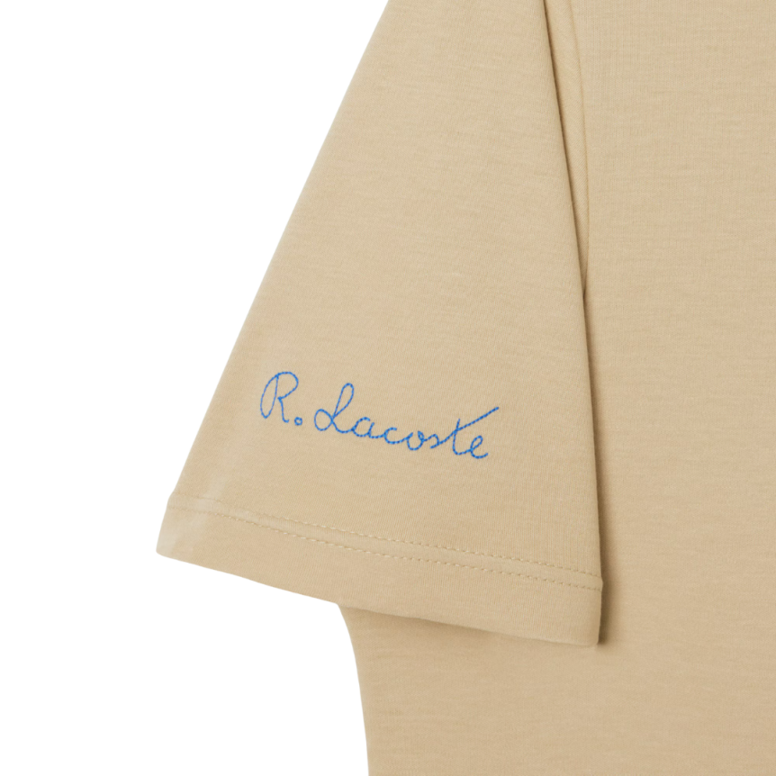 T-shirt coton beige broderie signature R. Lacoste crocodile ton sur ton