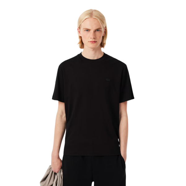 T-shirt coton noir broderie signature R. Lacoste crocodile ton sur ton
