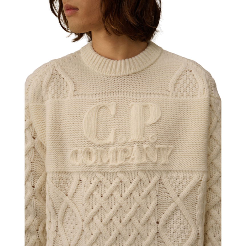 Pull col rond CP COMPANY laine vierge Shetland douce écru broderie logo