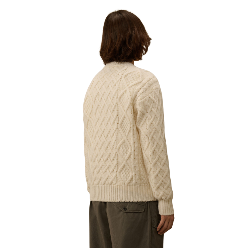 Pull col rond CP COMPANY laine vierge Shetland douce écru broderie logo