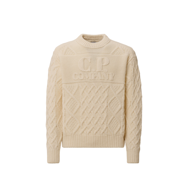 Pull col rond CP COMPANY laine vierge Shetland douce écru broderie logo