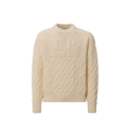 Pull col rond laine vierge Shetland douce écru broderie logo