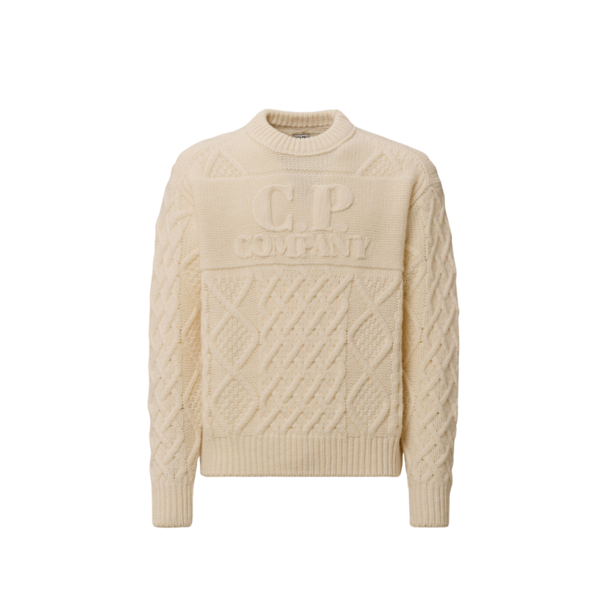 Pull col rond CP COMPANY laine vierge Shetland douce écru broderie logo
