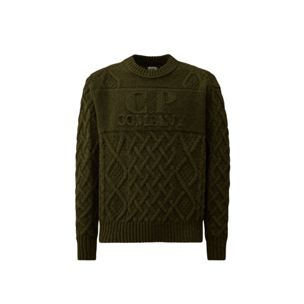 Pull col rond CP COMPANY laine vierge Shetland douce kaki broderie logo