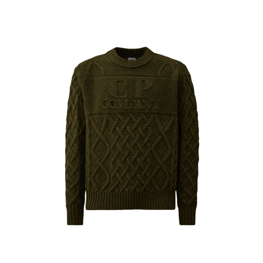 Pull col rond CP COMPANY laine vierge Shetland douce kaki broderie logo