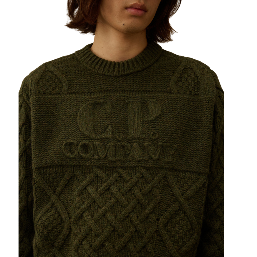Pull col rond CP COMPANY laine vierge Shetland douce kaki broderie logo