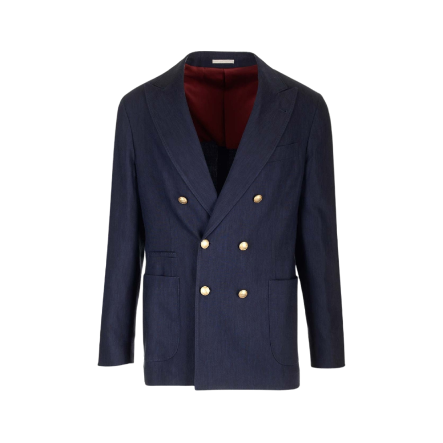 Veste croisée BRUNELLO CUCINELLI lin laine bleu marine boutons dorés