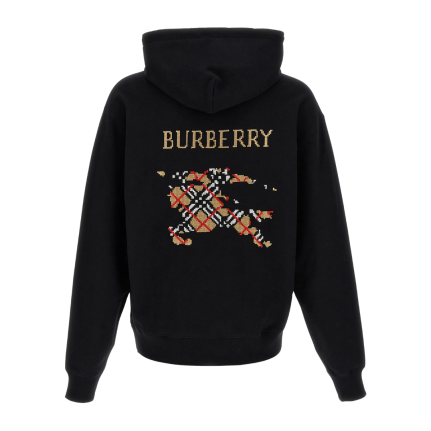 BURBERRY Sweat-shirt à capuche Reilly coton noir logo point de croix cavalier check beige