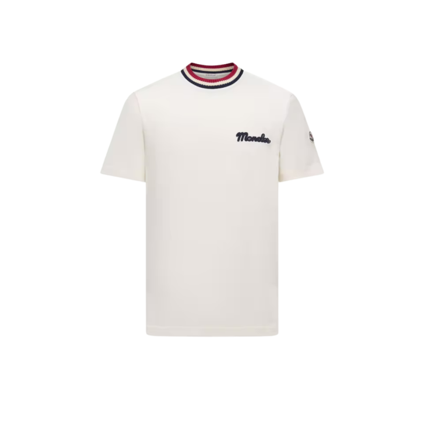 T-shirt MONCLER col rond coton blanc logo Grenoble col tricolore