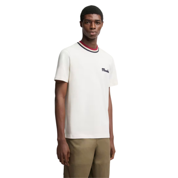 T-shirt MONCLER col rond coton blanc logo Grenoble col tricolore