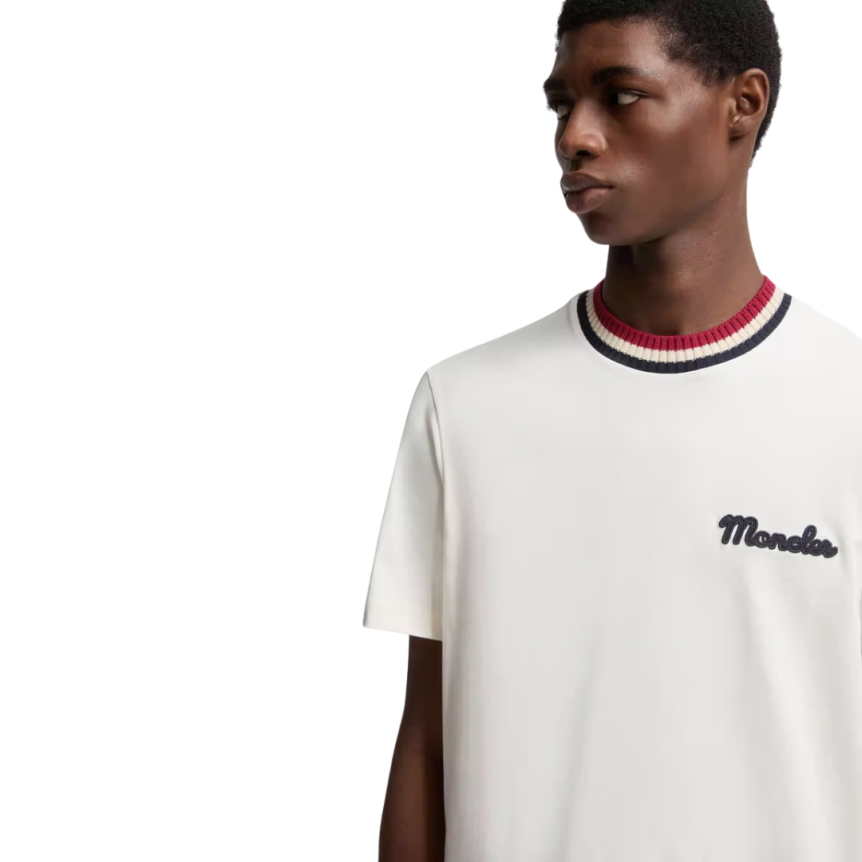 T-shirt MONCLER col rond coton blanc logo Grenoble col tricolore