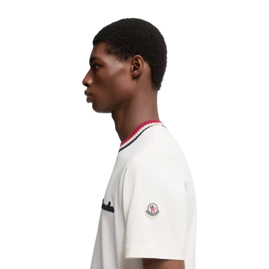 T-shirt MONCLER col rond coton blanc logo Grenoble col tricolore