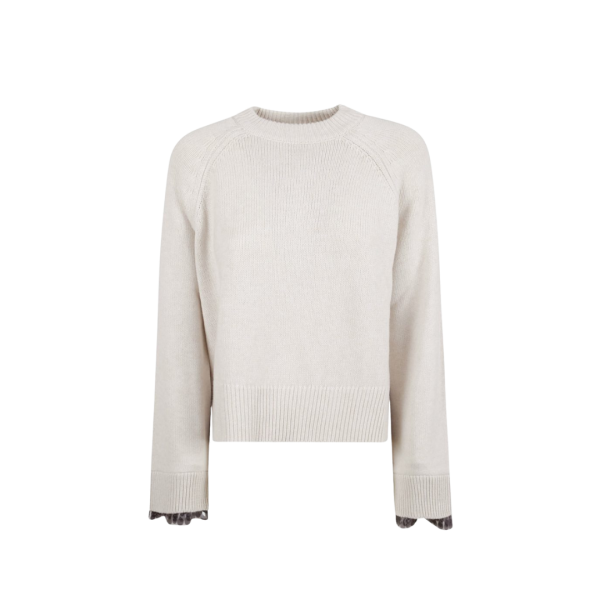 Pull col rond laine vierge cachemire gris clair sequins noir bas manches