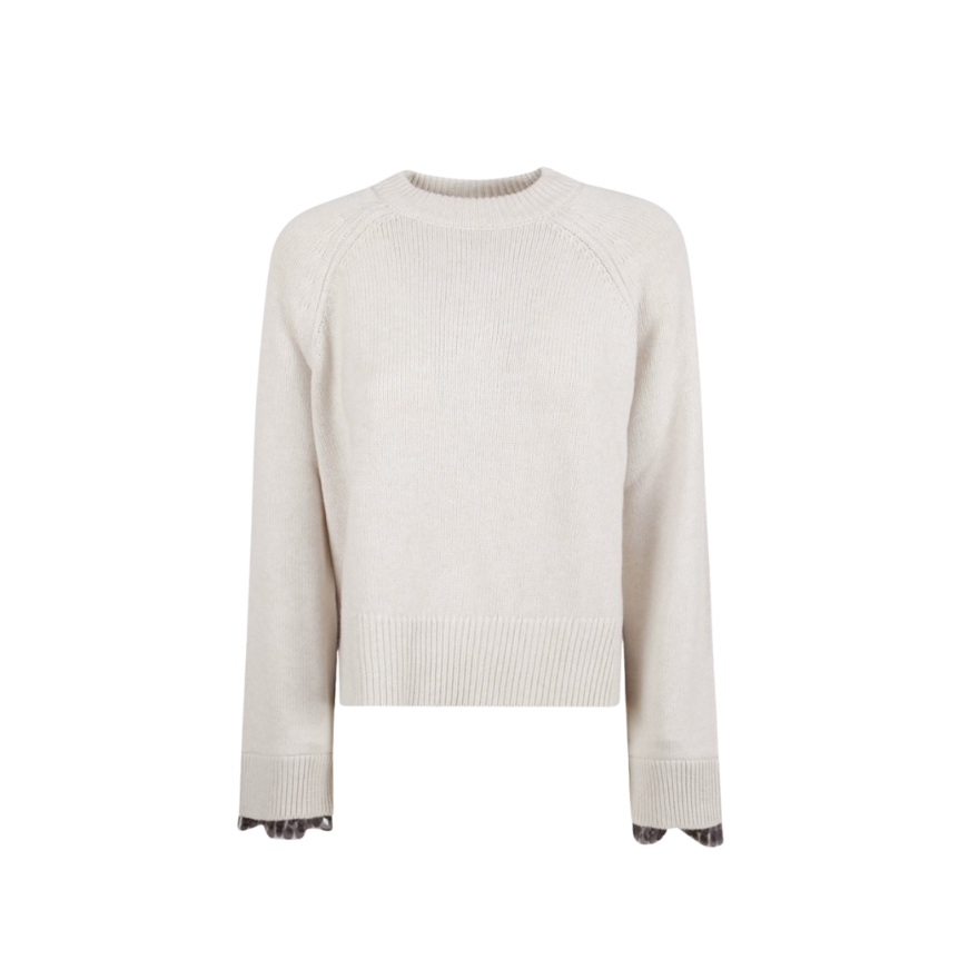 Pull col rond laine vierge cachemire gris clair sequins noir bas manches