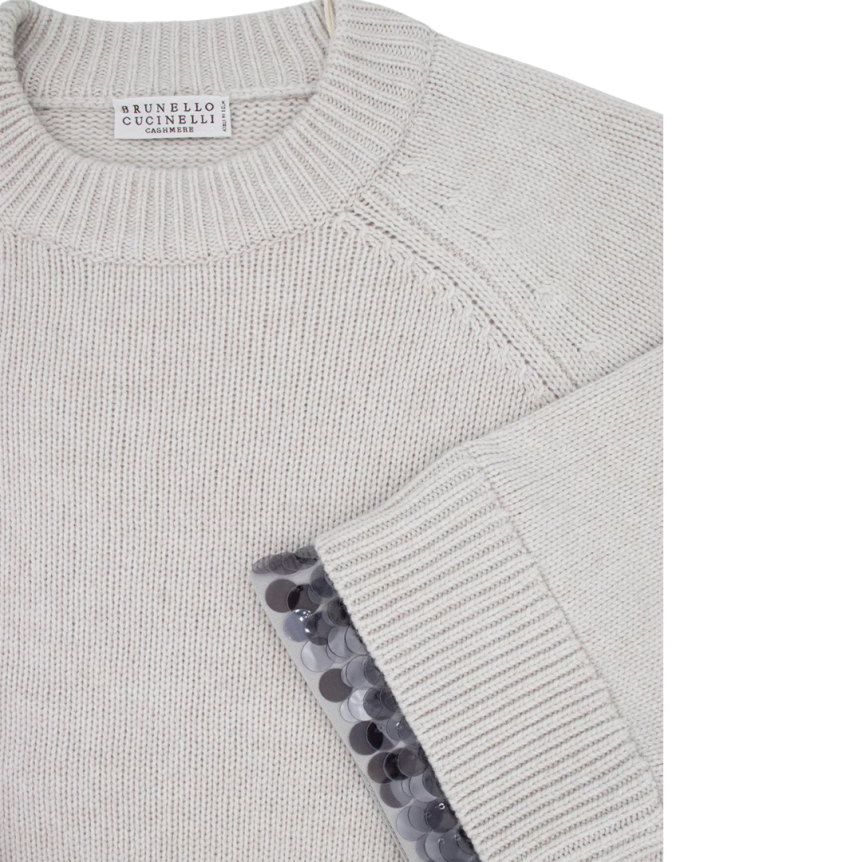 Pull col rond laine vierge cachemire gris clair sequins noir bas manches