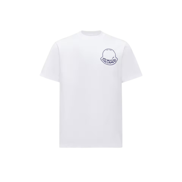 T-shirt col rond MONCLER coton blanc gros logo écriture bleu marine
