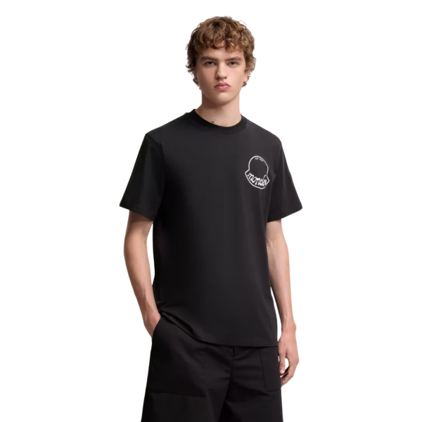 T-shirt col rond MONCLER coton noir gros logo écriture blanc