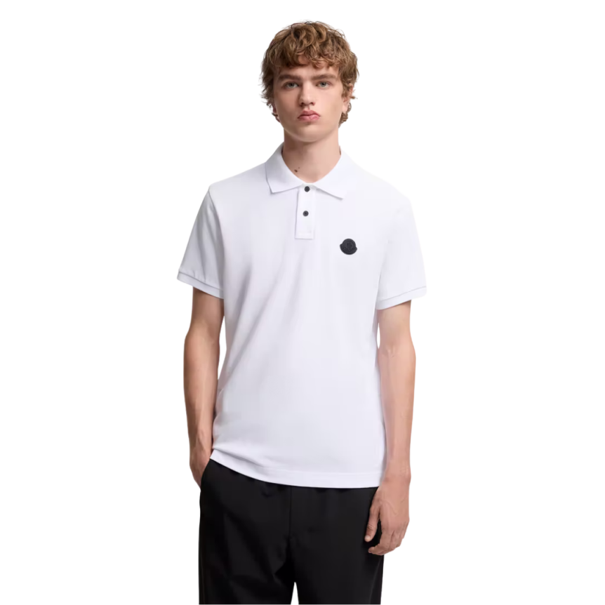 Polo manche courte MONCLER coton piqué blanc logo gomme noir écriture dos