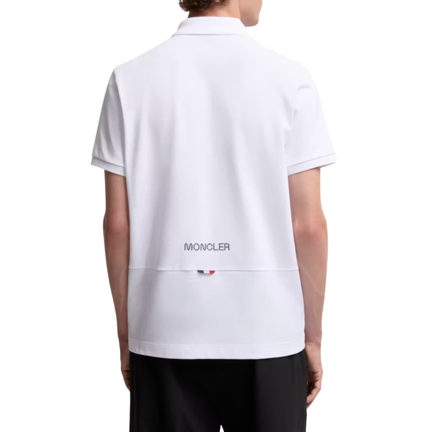 Polo manche courte MONCLER coton piqué blanc logo gomme noir écriture dos