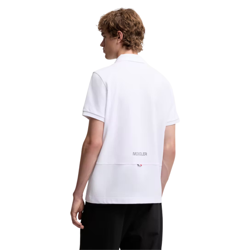 Polo manche courte MONCLER coton piqué blanc logo gomme noir écriture dos