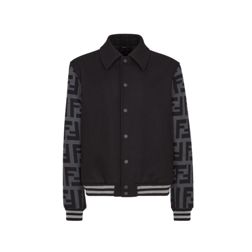 Blouson bomber FENDI pression noir Teddy laine manches FF gris anthracite