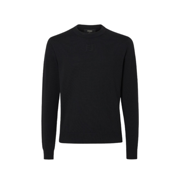 Pull col rond classique FENDI laine noire détails FF embossé poitrine col