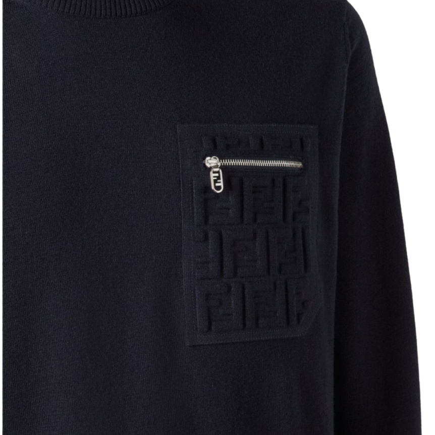 Pull col rond classique FENDI laine bleu marine poche zippée FF relief