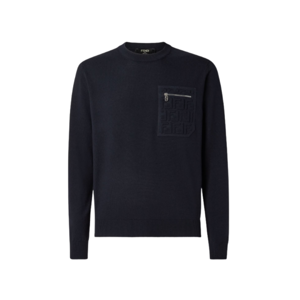 Pull col rond classique FENDI laine bleu marine poche zippée FF relief