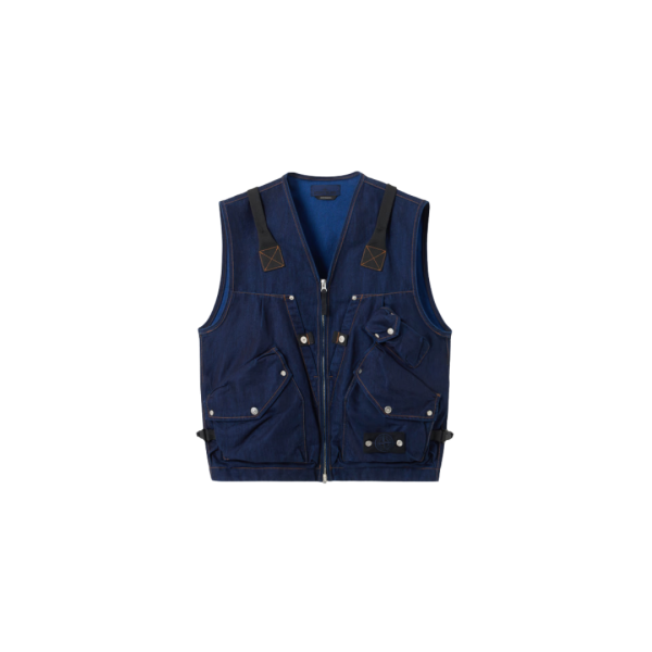 Gilet sans manches STONE ISLAND Denim Research coton bleu brut rincé multi poches