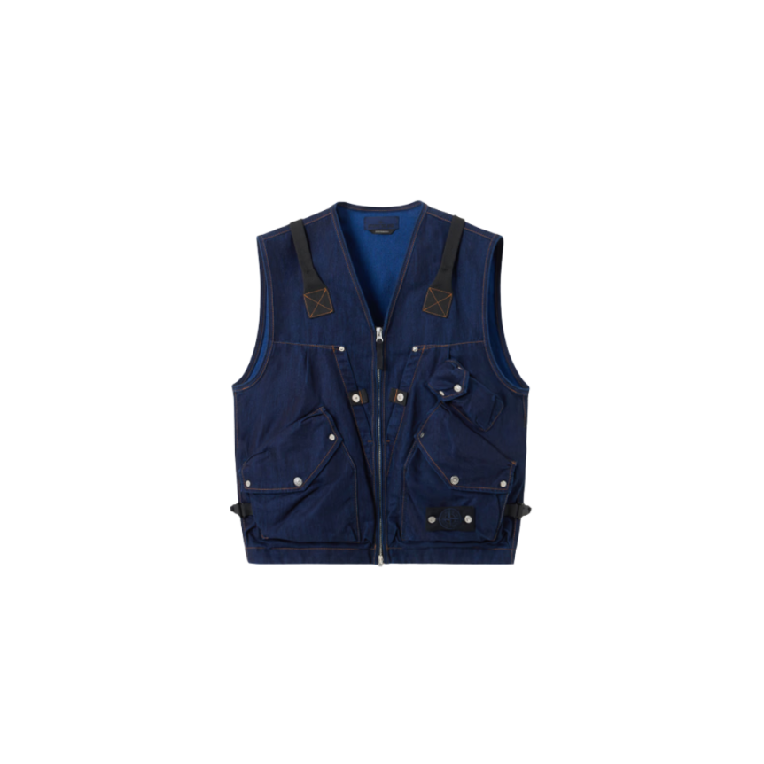 Gilet sans manches STONE ISLAND Denim Research coton bleu brut rincé multi poches