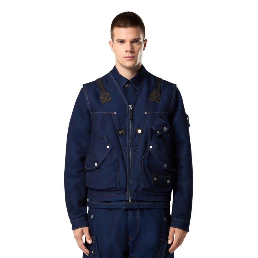 Gilet sans manches STONE ISLAND Denim Research coton bleu brut rincé multi poches