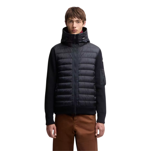 Cardigan à capuche MONCLER zippé matelassé bi matière laine nylon bleu marine