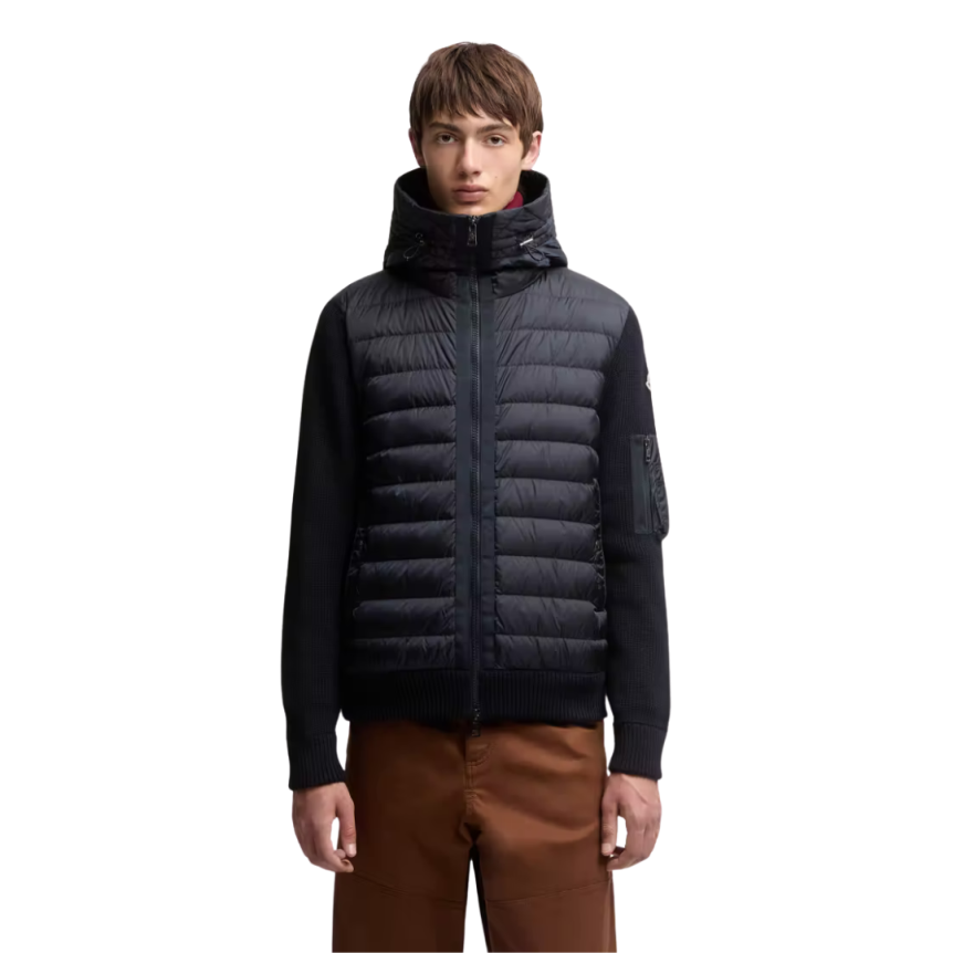 Cardigan à capuche MONCLER zippé matelassé bi matière laine nylon bleu marine