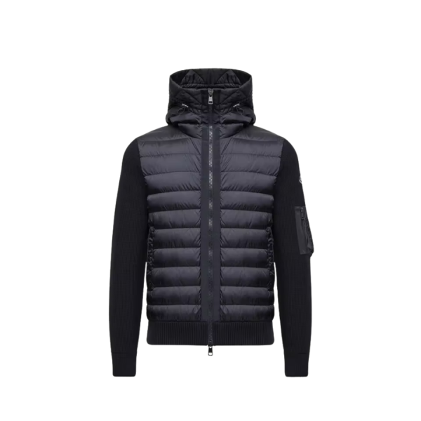 Cardigan à capuche MONCLER zippé matelassé bi matière laine nylon bleu marine