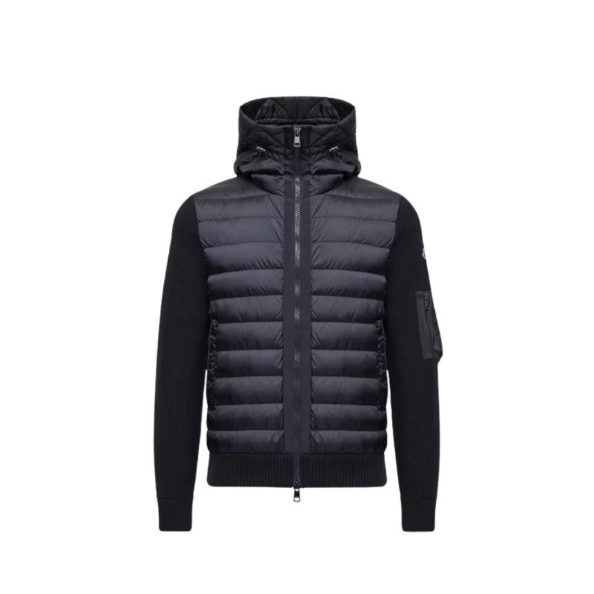 Cardigan à capuche MONCLER zippé matelassé bi matière laine nylon bleu marine