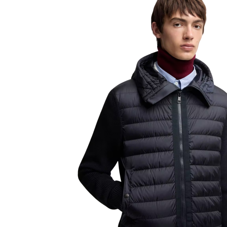 Cardigan à capuche MONCLER zippé matelassé bi matière laine nylon bleu marine