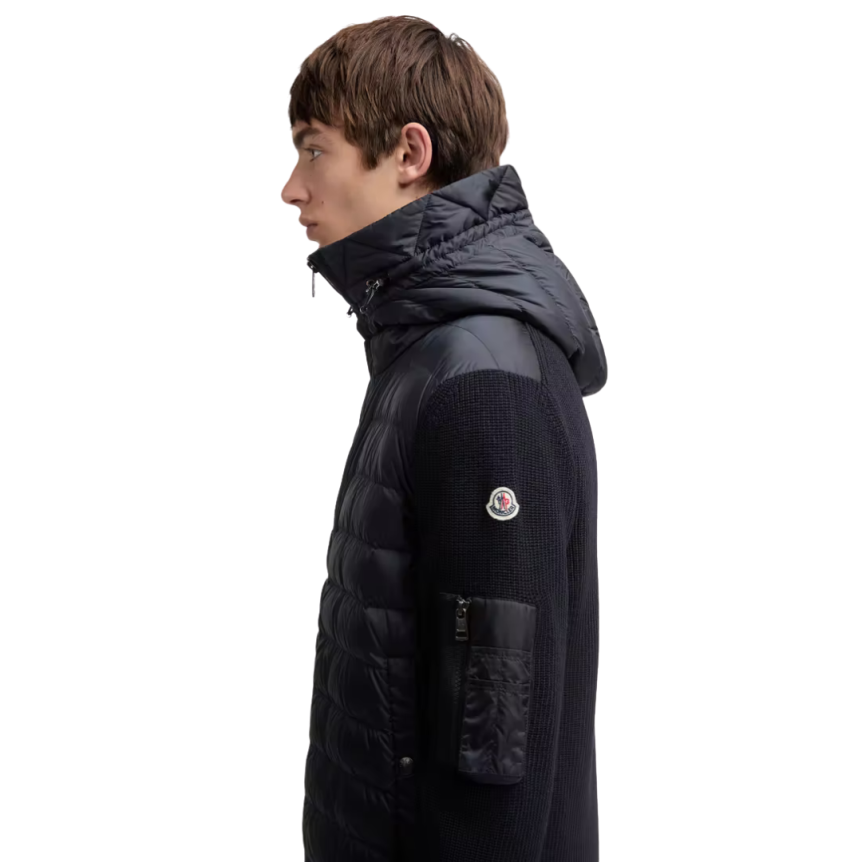 Cardigan à capuche MONCLER zippé matelassé bi matière laine nylon bleu marine