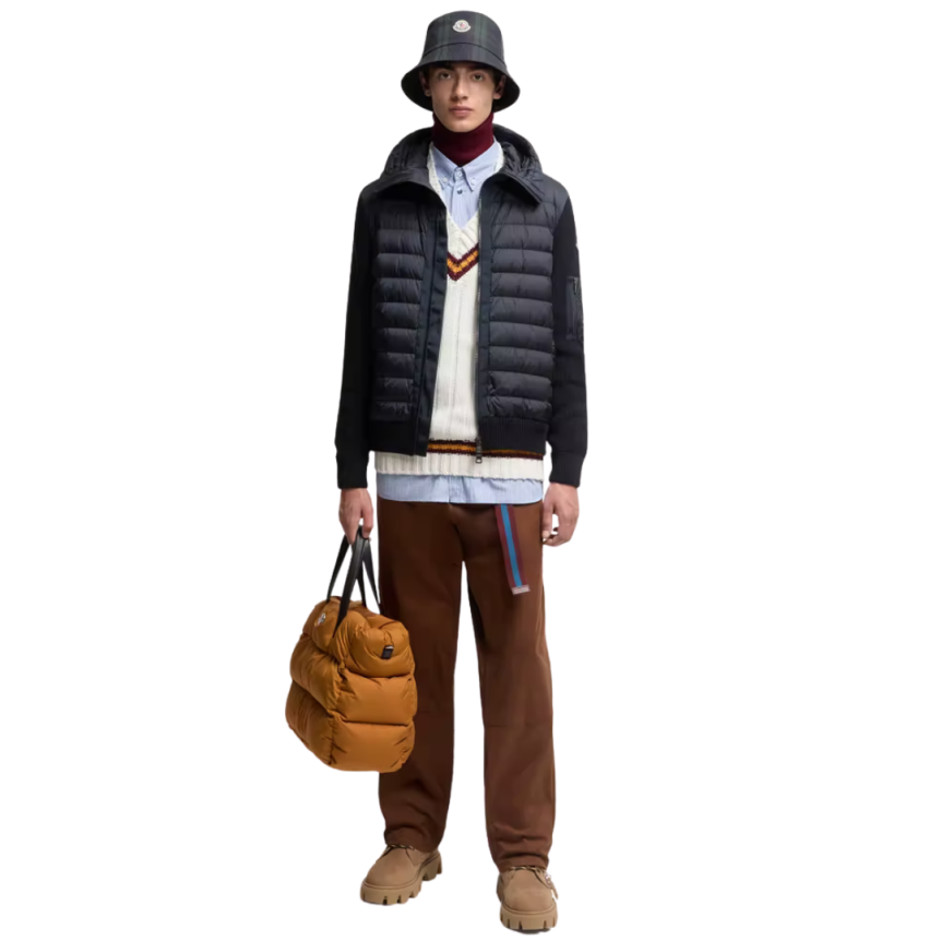 Cardigan à capuche MONCLER zippé matelassé bi matière laine nylon bleu marine